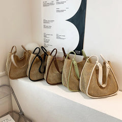 Hand-held Straw Bag for Women Contrast Commuter Tote Shoulder Purses