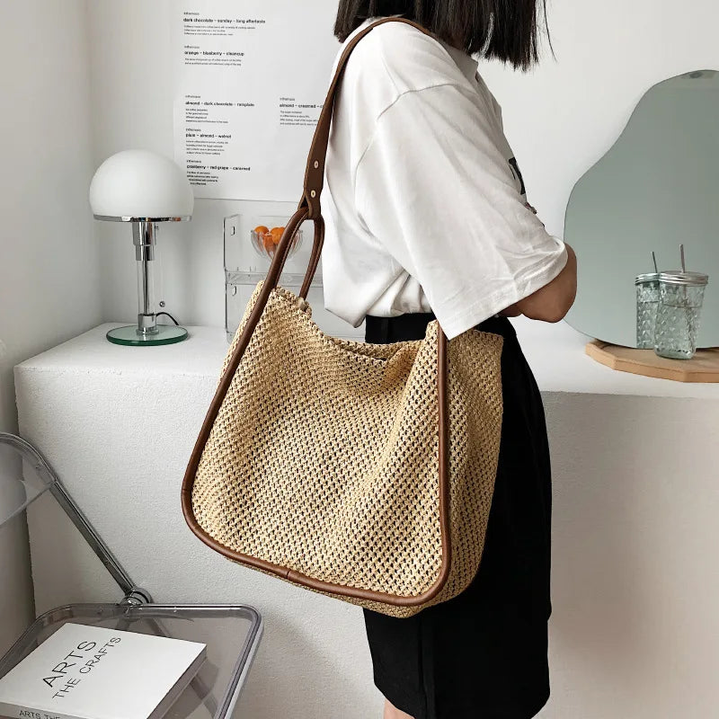 Hand-held Straw Bag for Women Contrast Commuter Tote Shoulder Purses