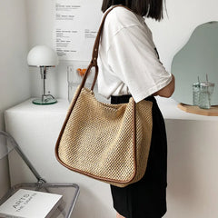Hand-held Straw Bag for Women Contrast Commuter Tote Shoulder Purses