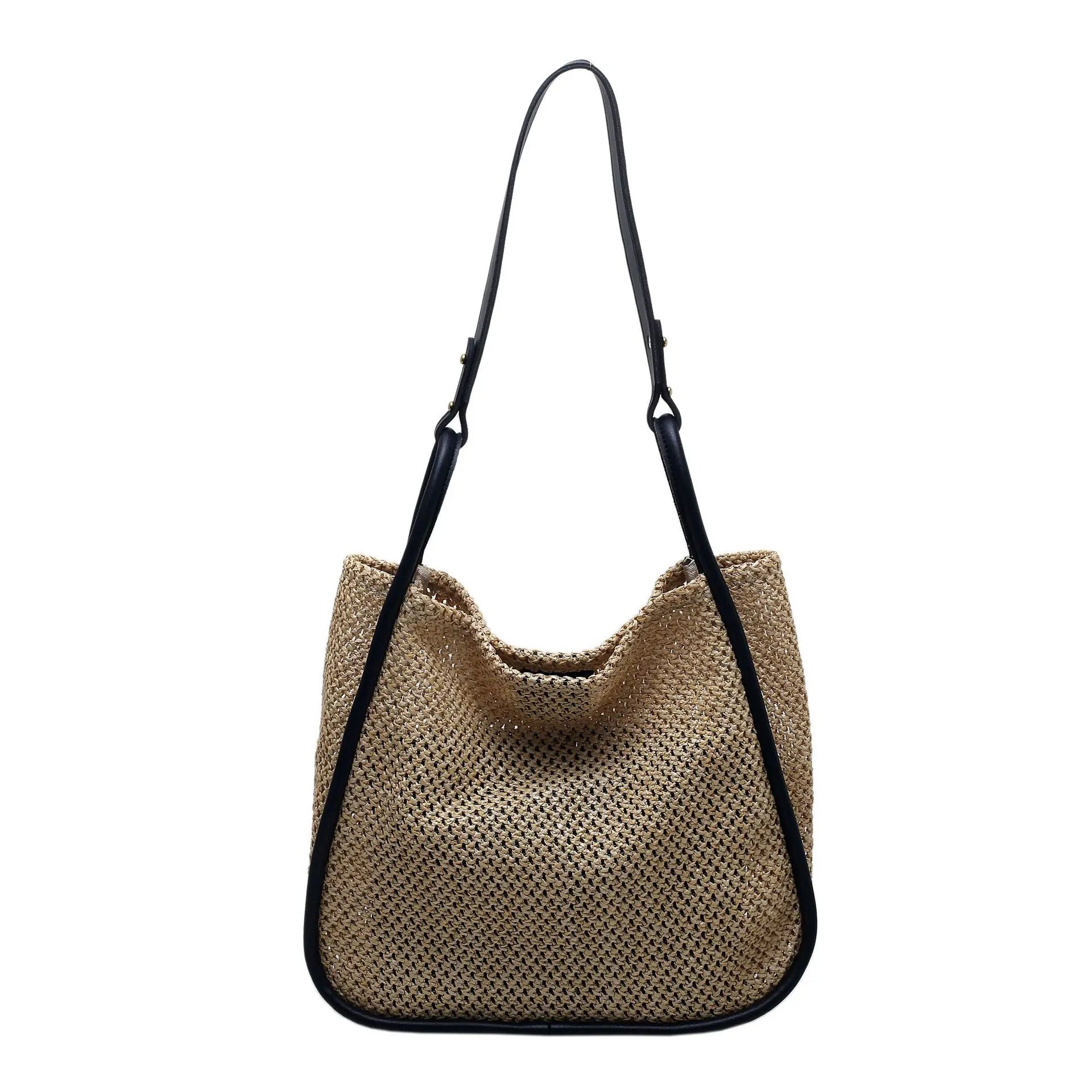Hand-held Straw Bag for Women Contrast Commuter Tote Shoulder Purses
