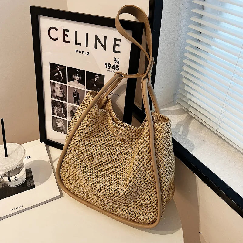 Hand-held Straw Bag for Women Contrast Commuter Tote Shoulder Purses