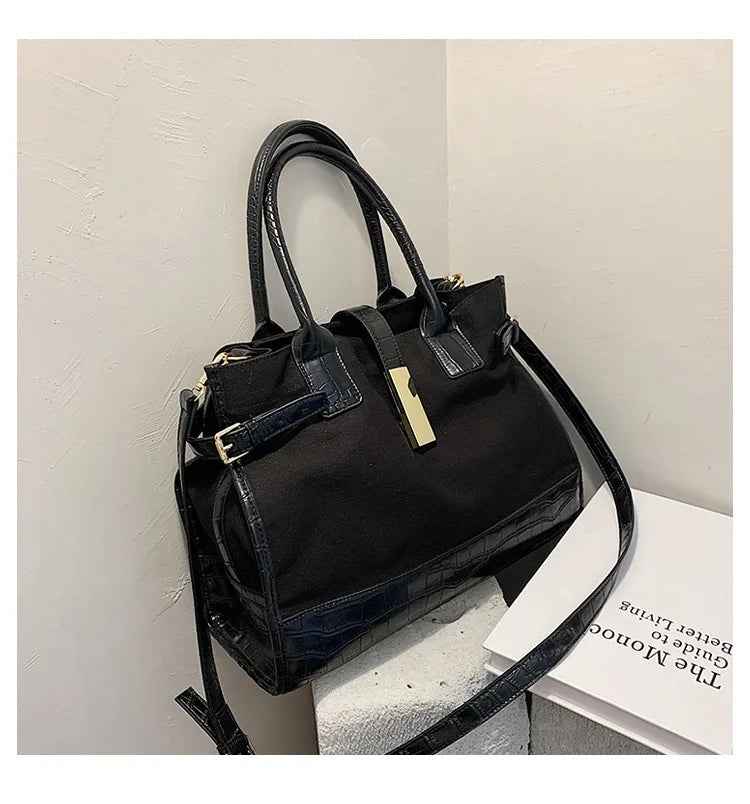 Large Capacity Totes Leather Patchwork Shopper Bag Casual Canvas Women Handbags