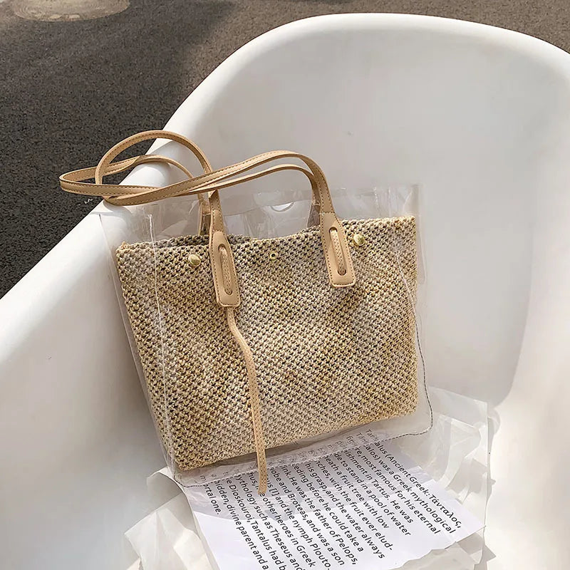 Transparent PVC Beach Shoulder Bag Large Capacity Women's Straw Bag