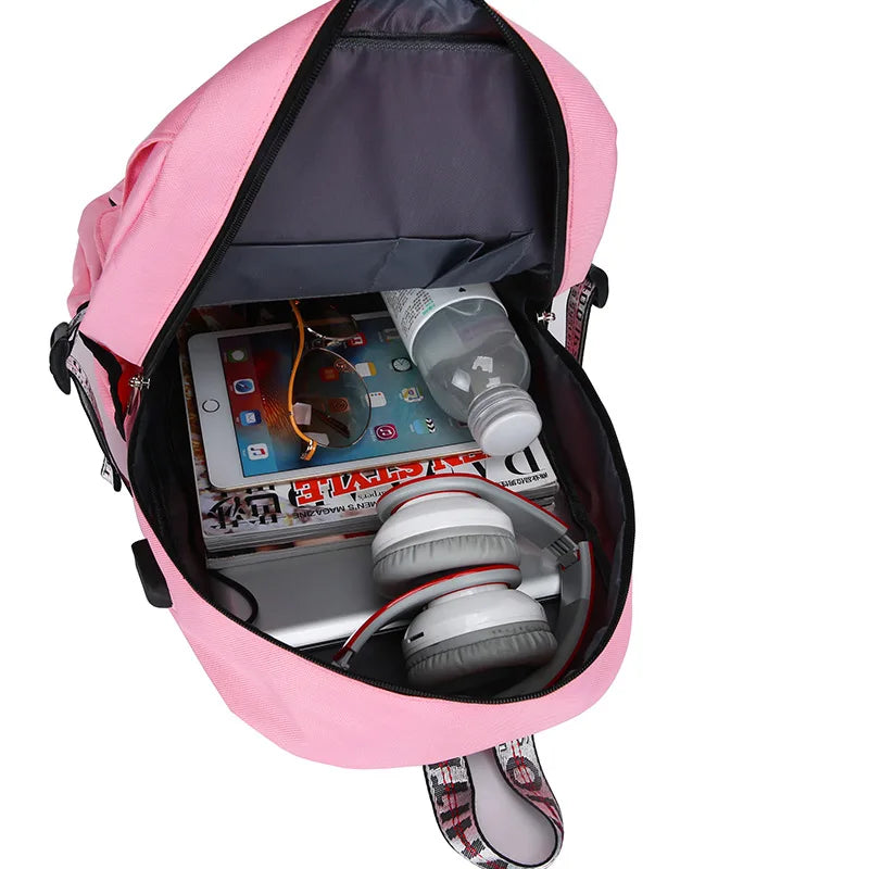 Pink Teen School Backpack with USB Port Canvas Schoolbag