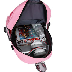 Pink Teen School Backpack with USB Port Canvas Schoolbag