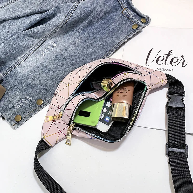 Geometric Pattern Waist Bag PU Leather Belt Chest Phone Pouch Unisex Purse