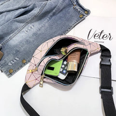 Geometric Pattern Waist Bag PU Leather Belt Chest Phone Pouch Unisex Purse