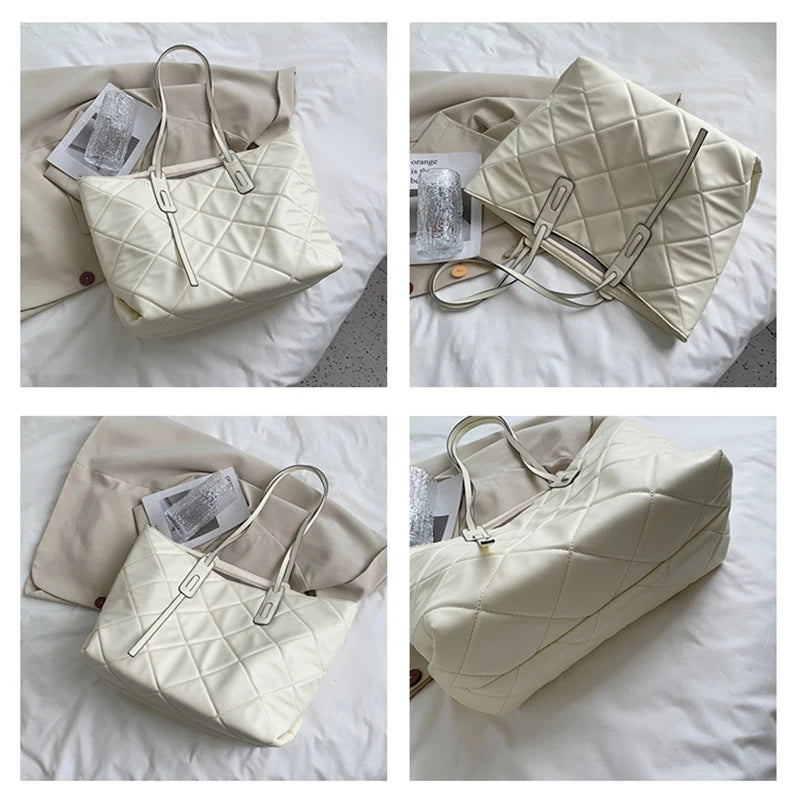 Lattice Large Tote Handbag Green Winter Nylon Women Shoulder Bag