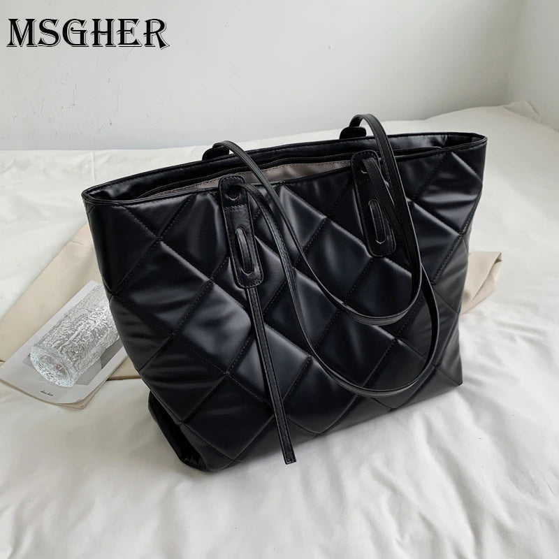 Lattice Large Tote Handbag Green Winter Nylon Women Shoulder Bag