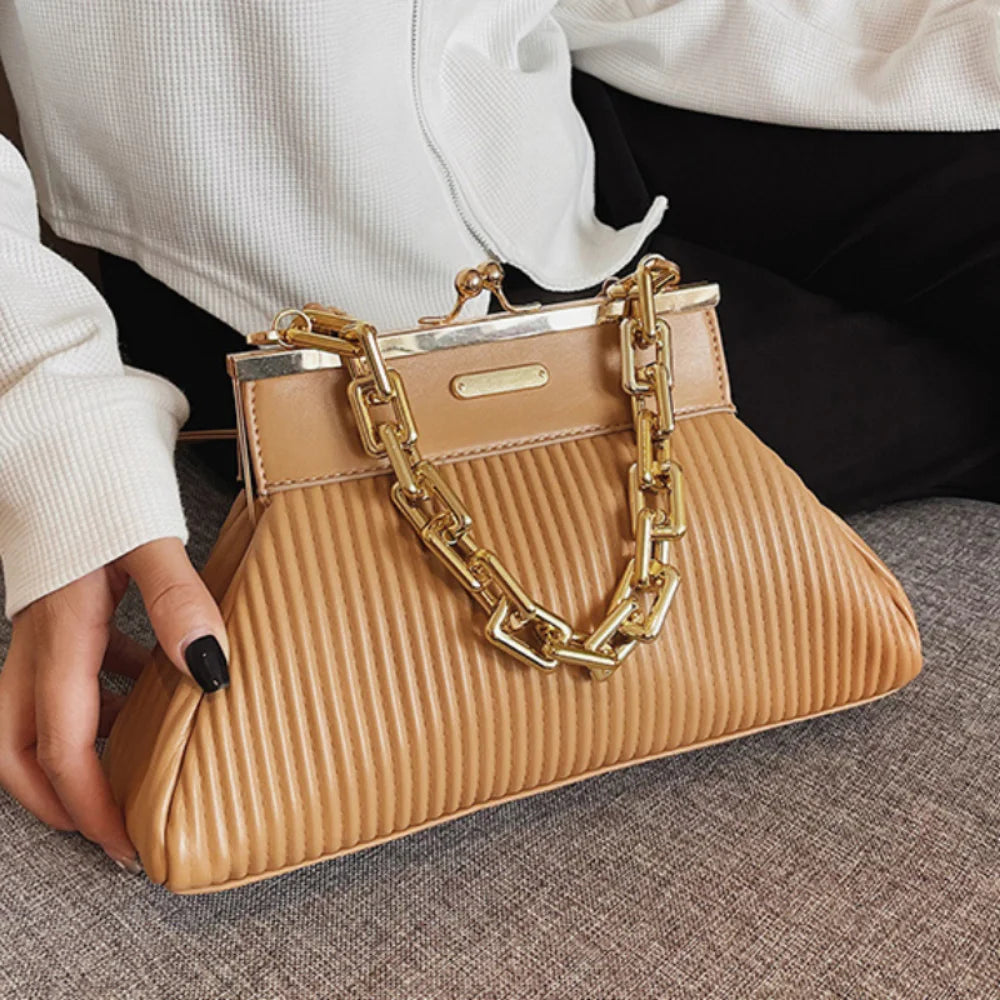 Leather Crossbody Messenger Bags Women Metal Hasp Pleated Shoulder Handbags