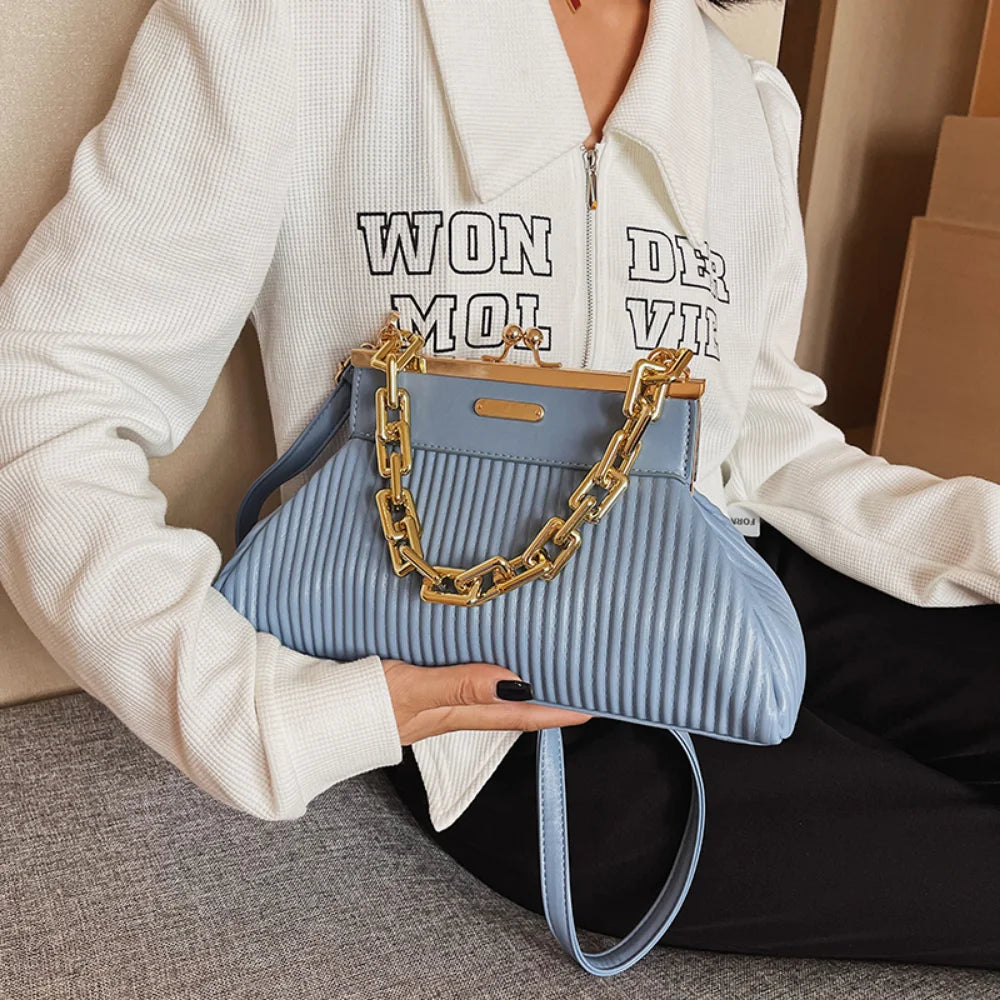 Leather Crossbody Messenger Bags Women Metal Hasp Pleated Shoulder Handbags