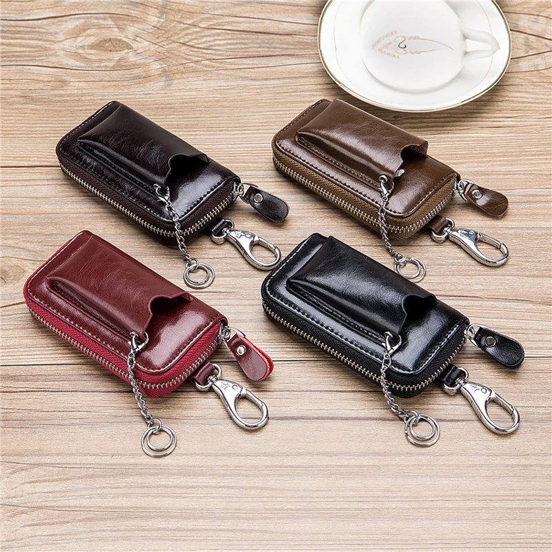 Leather Key Wallets Men Car Key Holders Cowhide Zipper Home Key Case