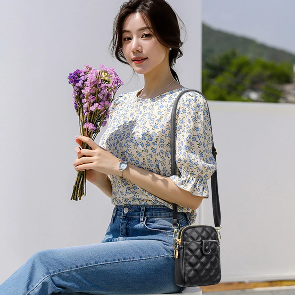 Quilted Rhombus Leather Messenger Handbag for Ladies - Phone Bags