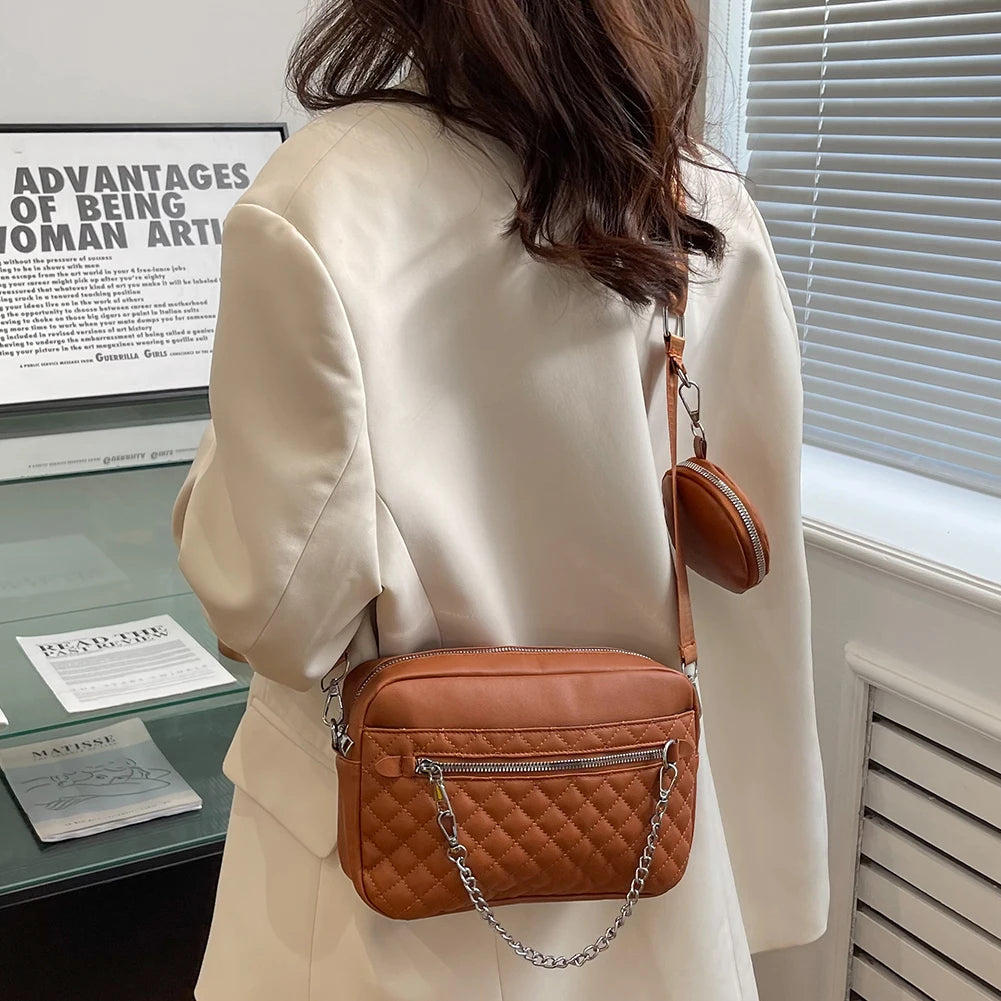 Vintage Leather Shoulder Bag with Rhombus Pattern Crossbody Hand Bag