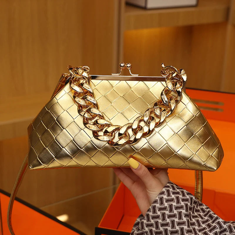Leather Weave Handbag With Thick Chain Handle Dumpling Bag Crossbody Bag