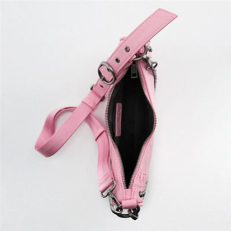 Leisure Hobo Chain Crossbody Bag Rivet Soft PU Leather Purses and Handbags