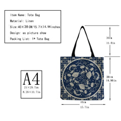 Floral Print Tote Bag Ceramic Chinoiserie High Capacity Shopping Bag