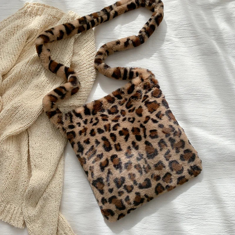 Leopard Fluffy Shoulder Bag Women Large Capacity Messenger Crossbody Long Strap