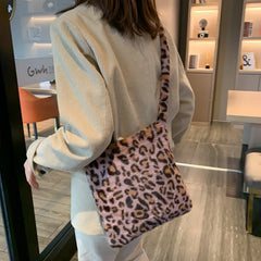 Leopard Fluffy Shoulder Bag Women Large Capacity Messenger Crossbody Long Strap