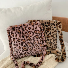 Leopard Fluffy Shoulder Bag Women Large Capacity Messenger Crossbody Long Strap