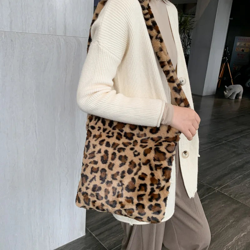Leopard Fluffy Shoulder Bag Women Large Capacity Messenger Crossbody Long Strap