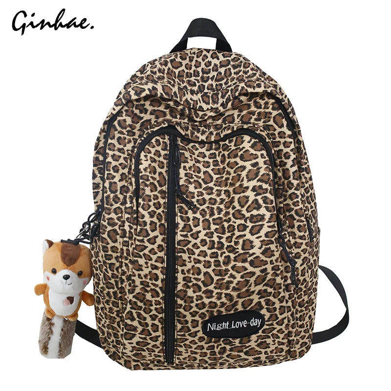Leopard Printing Backpack Canvas Travel Bag Large Capacity Shoulder Rucksack