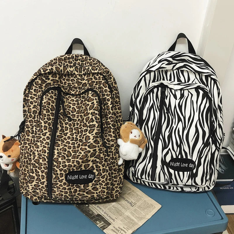 Leopard Printing Backpack Canvas Travel Bag Large Capacity Shoulder Rucksack