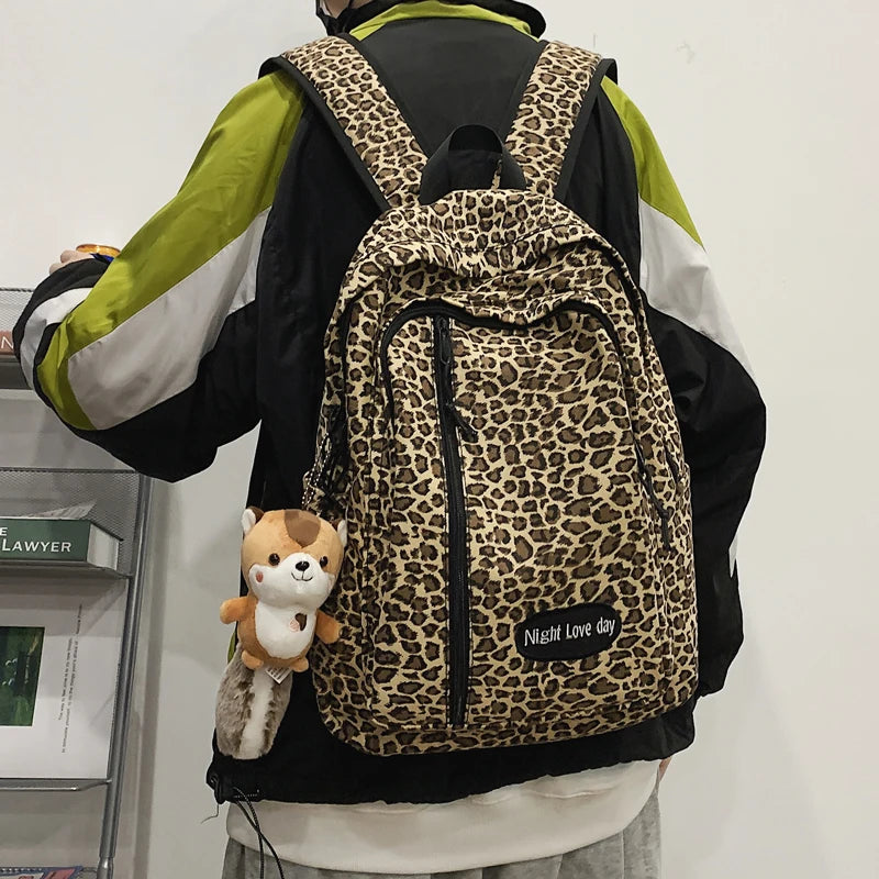 Leopard Printing Backpack Canvas Travel Bag Large Capacity Shoulder Rucksack