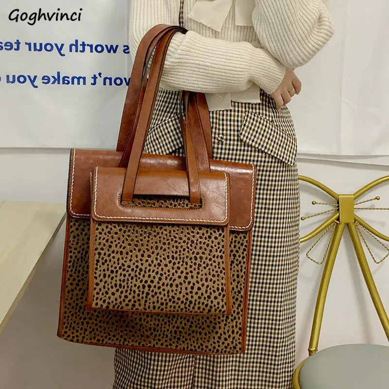 Leopard Shoulder Bags Women Vintage PU Underarm Large Capacity Top-handle Bag