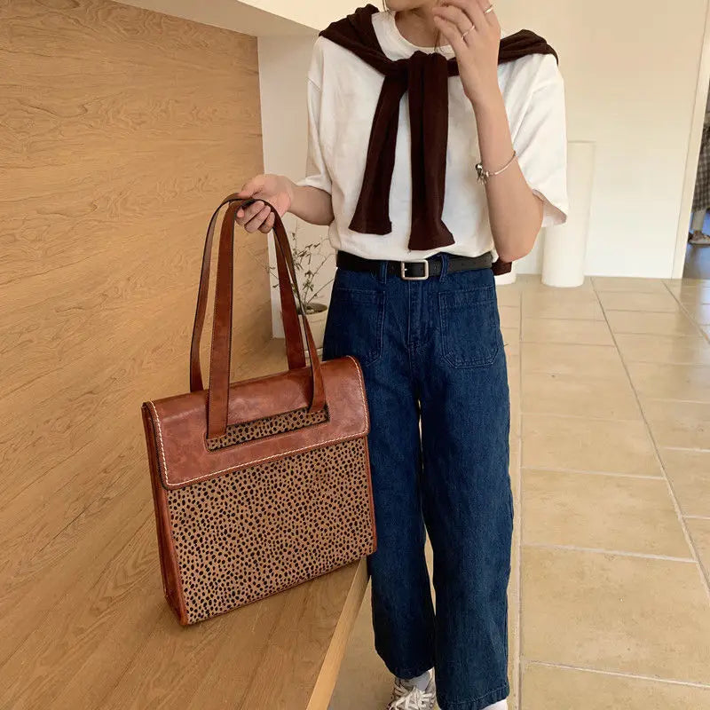 Leopard Shoulder Bags Women Vintage PU Underarm Large Capacity Top-handle Bag