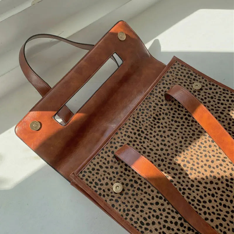 Leopard Shoulder Bags Women Vintage PU Underarm Large Capacity Top-handle Bag