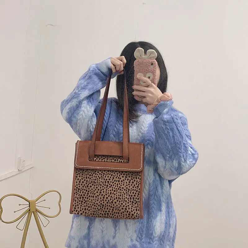 Leopard Shoulder Bags Women Vintage PU Underarm Large Capacity Top-handle Bag