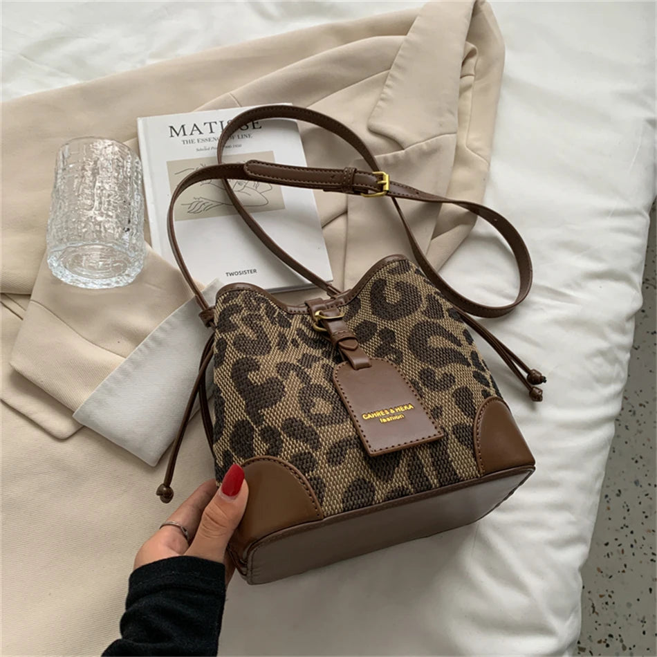 Leopard Small PU Leather Women Bucket Crossbody Bag Fall Lady Handbag