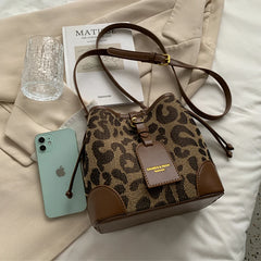 Leopard Small PU Leather Women Bucket Crossbody Bag Fall Lady Handbag