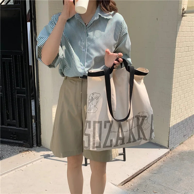 Letter Canvas Women's Shoulder Bag Large Capacity Girls Book Tote Handbags