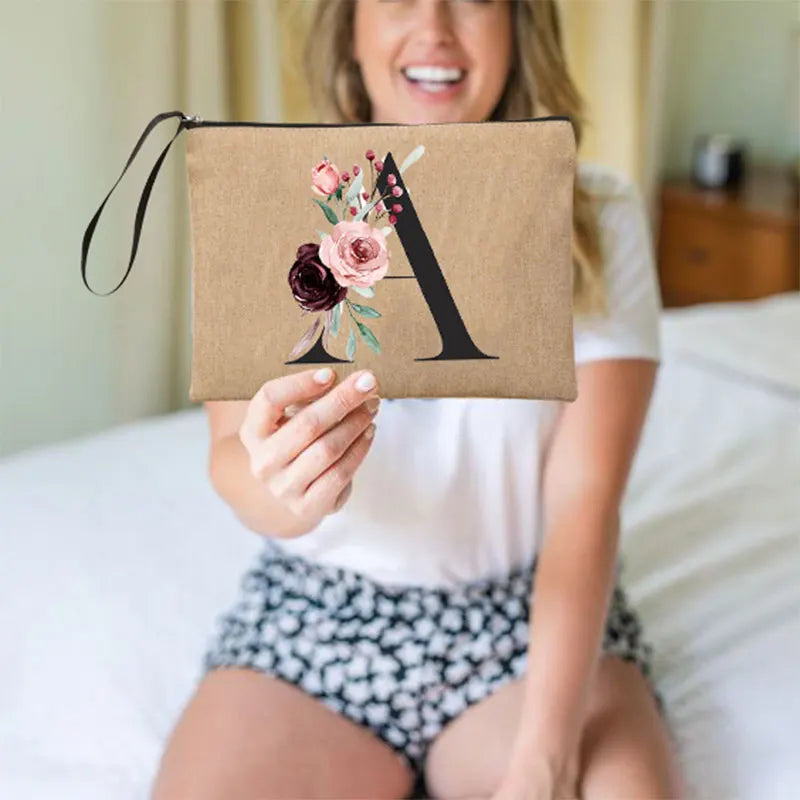 Flower Linen Wristlet Clutch Bag Travel Organizer Case