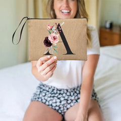 Flower Linen Wristlet Clutch Bag Travel Organizer Case