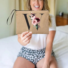 Flower Linen Wristlet Clutch Bag Travel Organizer Case