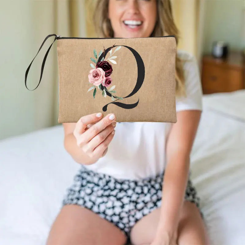 Flower Linen Wristlet Clutch Bag Travel Organizer Case