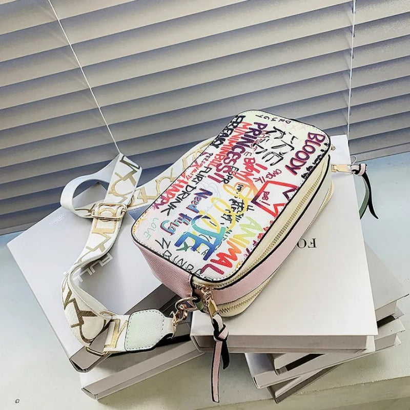 Letter Graffiti PU Leather Crossbody Bag Women Shoulder Handbag