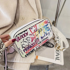 Letter Graffiti PU Leather Crossbody Bag Women Shoulder Handbag