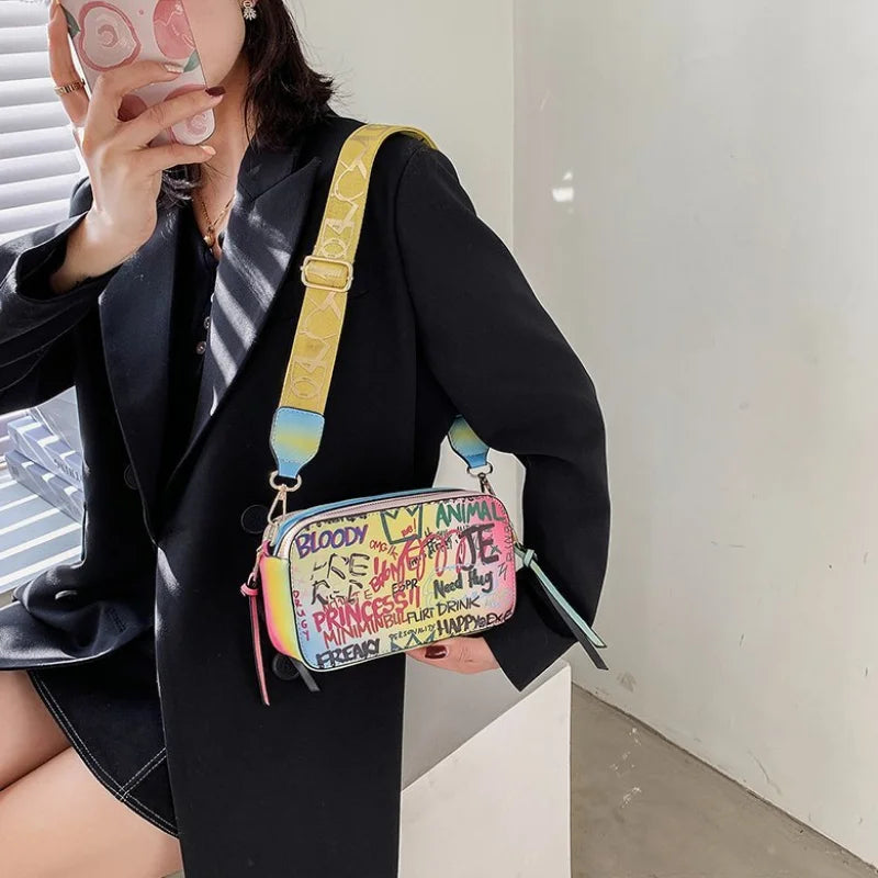 Letter Graffiti PU Leather Crossbody Bag Women Shoulder Handbag