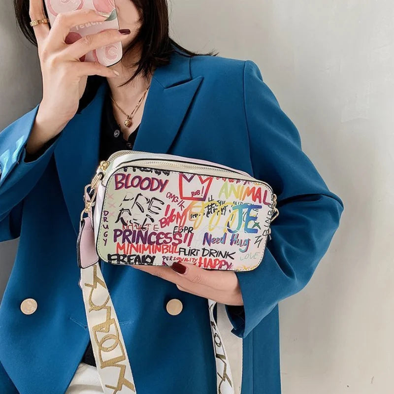Letter Graffiti PU Leather Crossbody Bag Women Shoulder Handbag