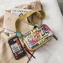 Letter Graffiti PU Leather Crossbody Bag Women Shoulder Handbag