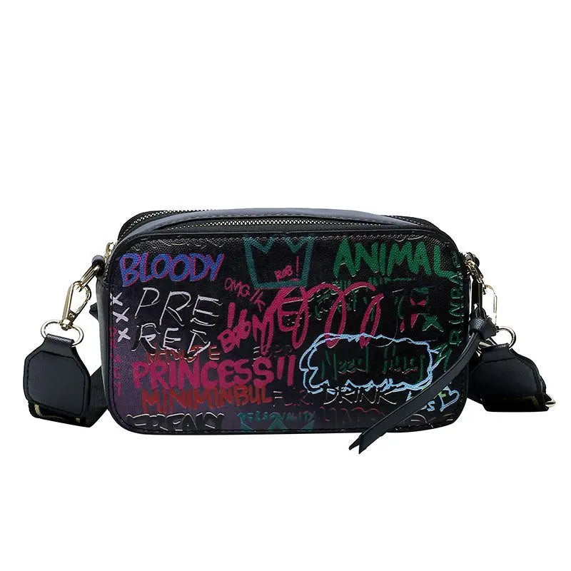 Letter Graffiti PU Leather Crossbody Bag Women Shoulder Handbag Purses