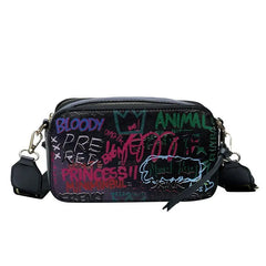 Letter Graffiti PU Leather Crossbody Bag Women Shoulder Handbag Purses