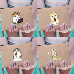 Cats Print Linen Makeup Bag Bachelorette Clutch Holiday Organizer Case