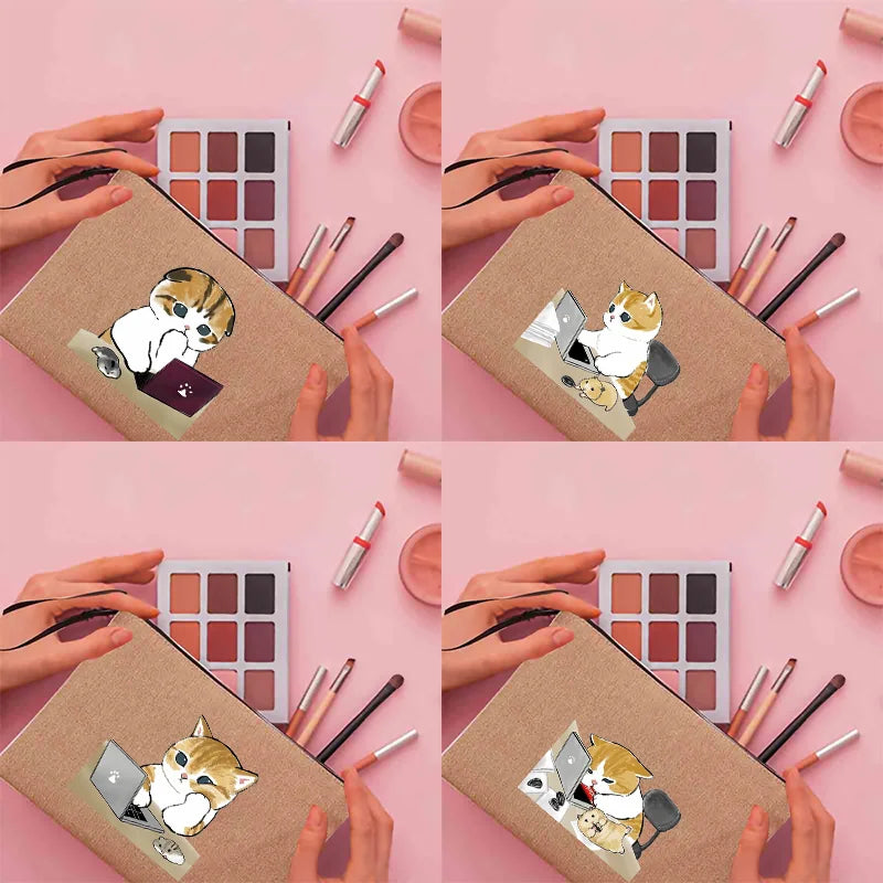 Cats Print Linen Makeup Bag Bachelorette Clutch Holiday Organizer Case