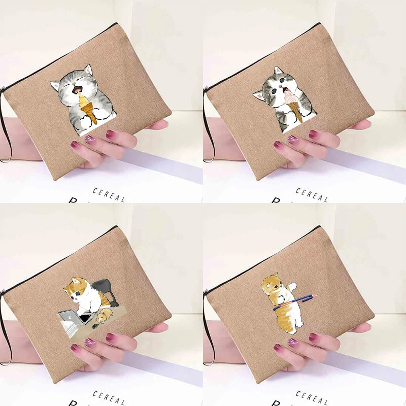 Cats Print Linen Makeup Bag Bachelorette Clutch Holiday Organizer Case