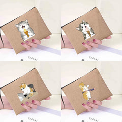 Cats Print Linen Makeup Bag Bachelorette Clutch Holiday Organizer Case
